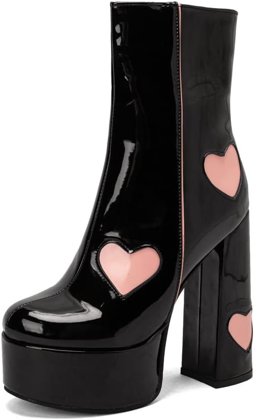 Heart Design Patent Leather Ankle Boots With Chunky Heel