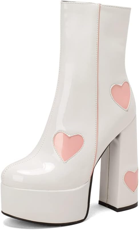 Heart Design Patent Leather Ankle Boots With Chunky Heel