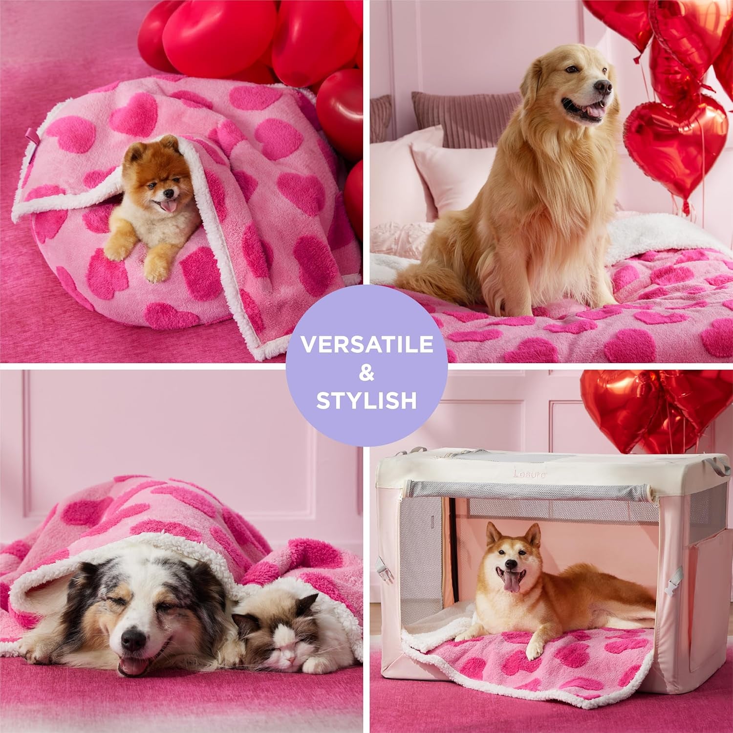 Waterproof Pet Blanket With Pink Hearts Pattern