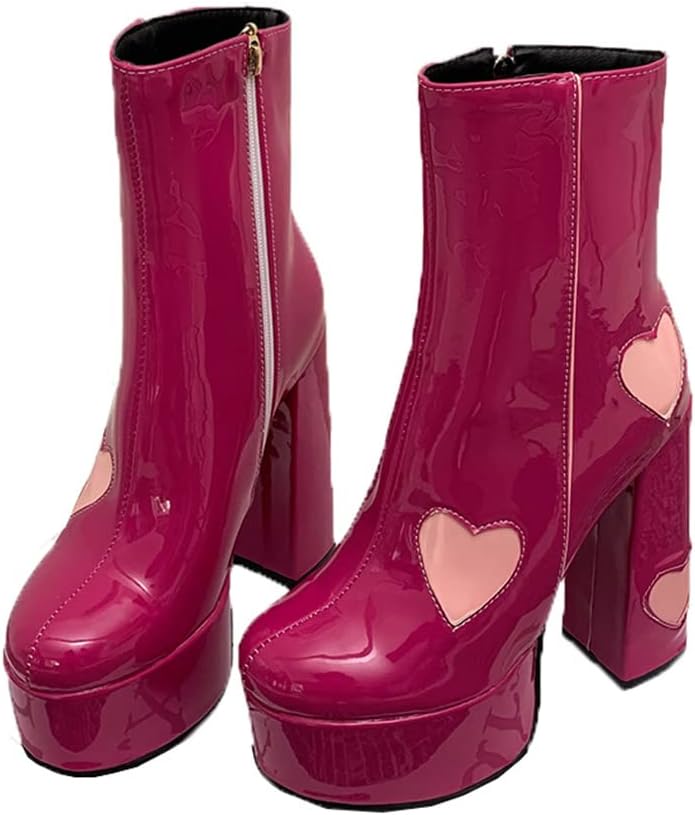 Heart Design Patent Leather Ankle Boots With Chunky Heel
