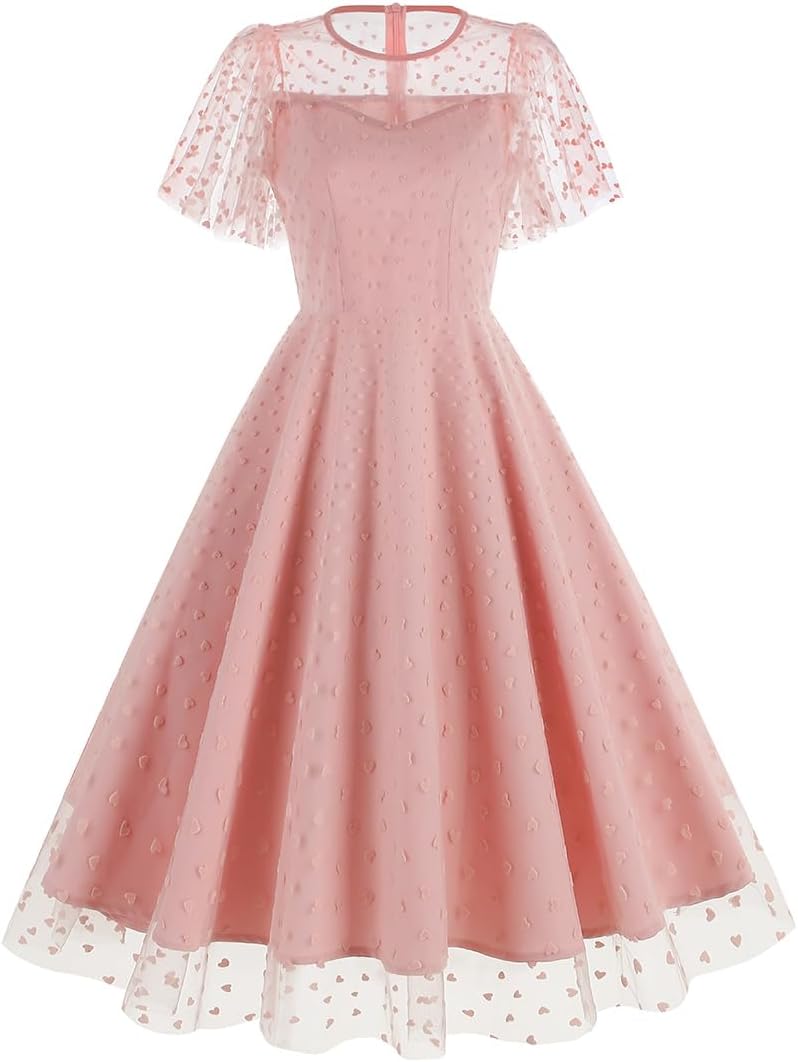 Light Pink Vintage Dress With Heart Print Tulle