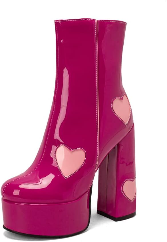 Heart Design Patent Leather Ankle Boots With Chunky Heel