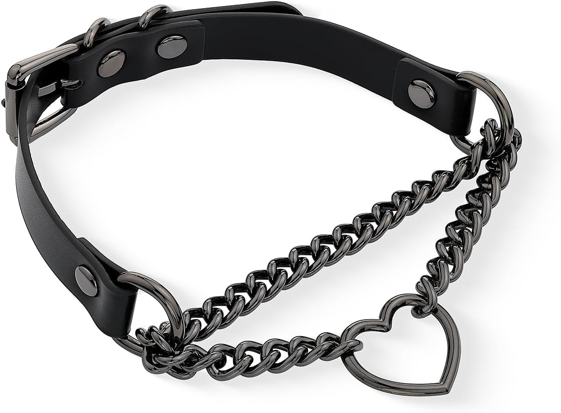 Leather Choker Necklace for Women with Metallic Heart Ring
