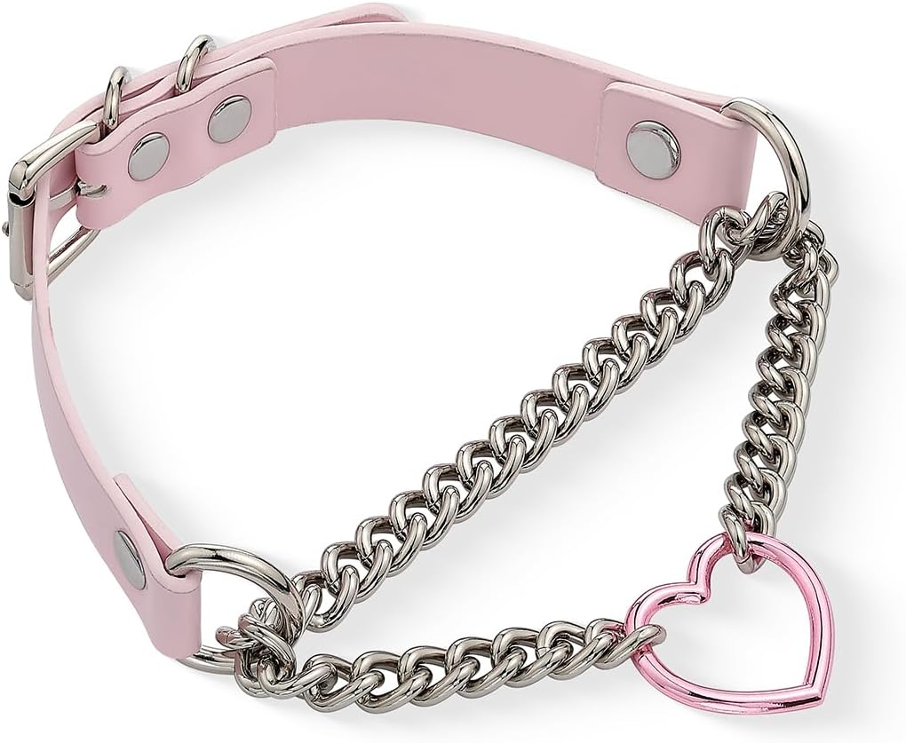 Leather Choker Necklace for Women with Metallic Heart Ring