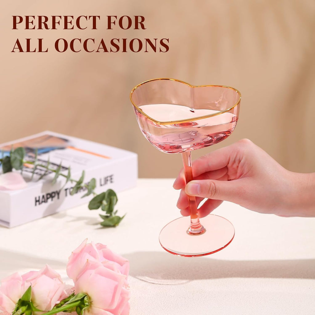 Pink Coupe Glasses Set of 4, Heart-Shaped Martini Glasses with Golden Rim, Fancy Manhattan, Cosmopolitan, Sidecar Cocktail Glassware for Christmas, Wedding, Birthdays - 8Oz