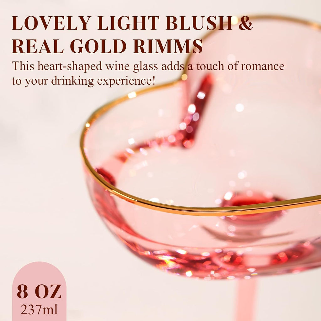Pink Coupe Glasses Set of 4, Heart-Shaped Martini Glasses with Golden Rim, Fancy Manhattan, Cosmopolitan, Sidecar Cocktail Glassware for Christmas, Wedding, Birthdays - 8Oz