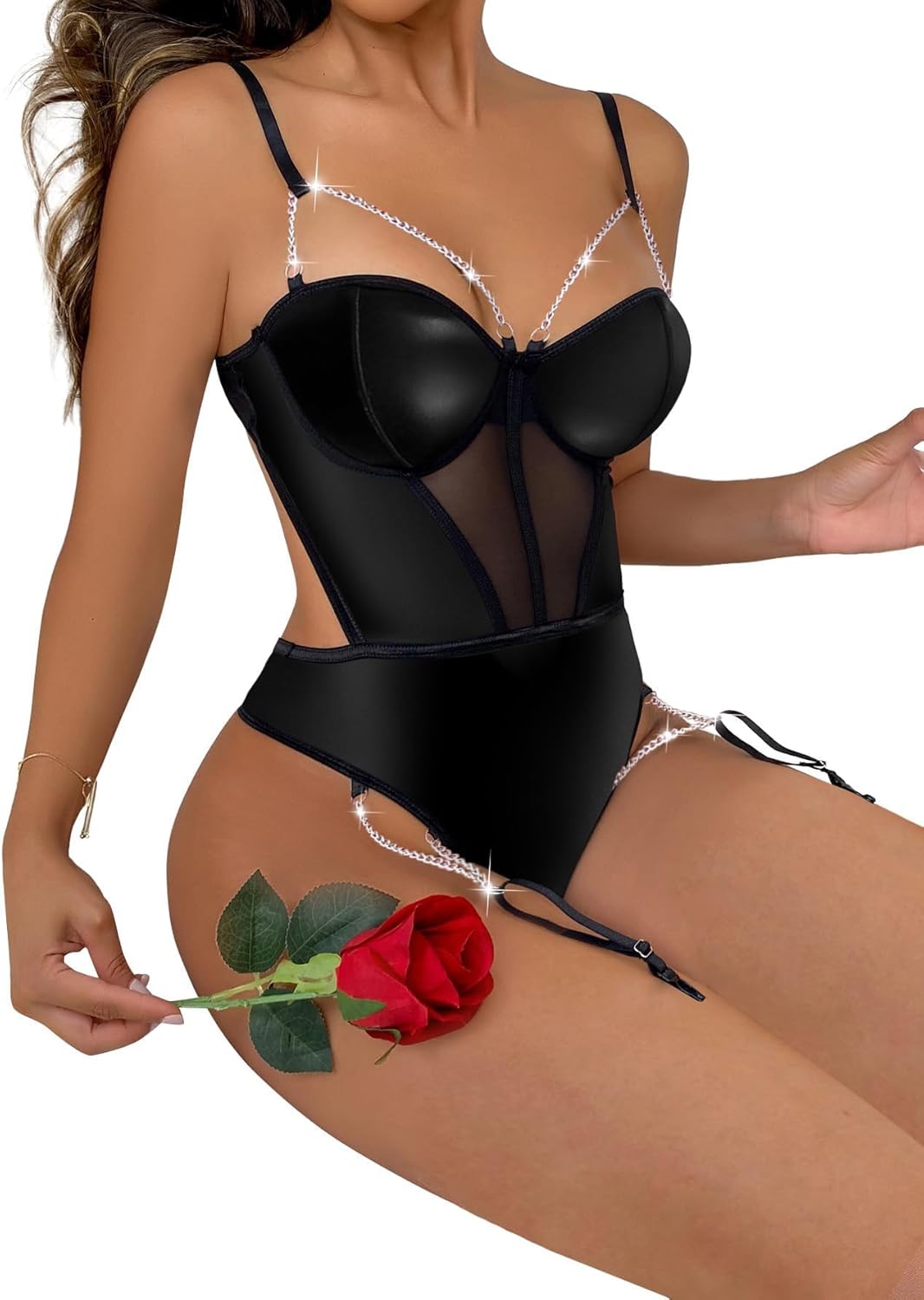 Sexy Stocking Strappy Garter Underwire Mesh Bodysuit Lingerie