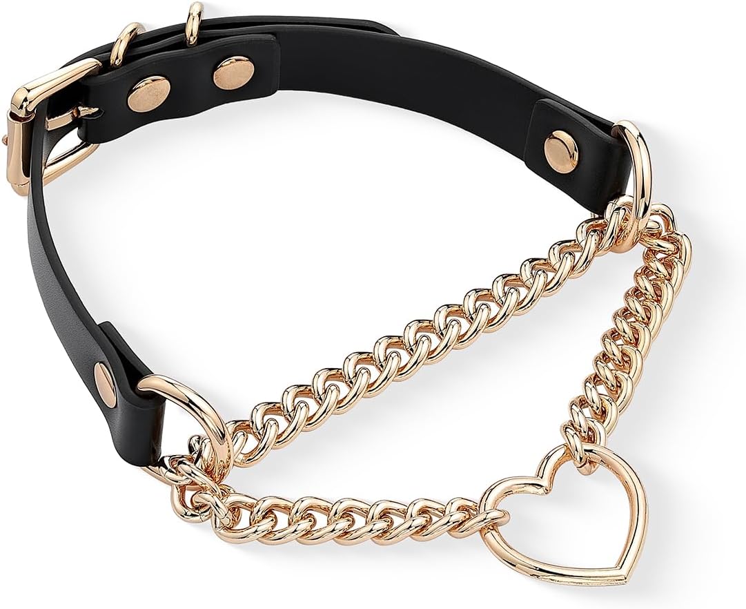 Leather Choker Necklace for Women with Metallic Heart Ring