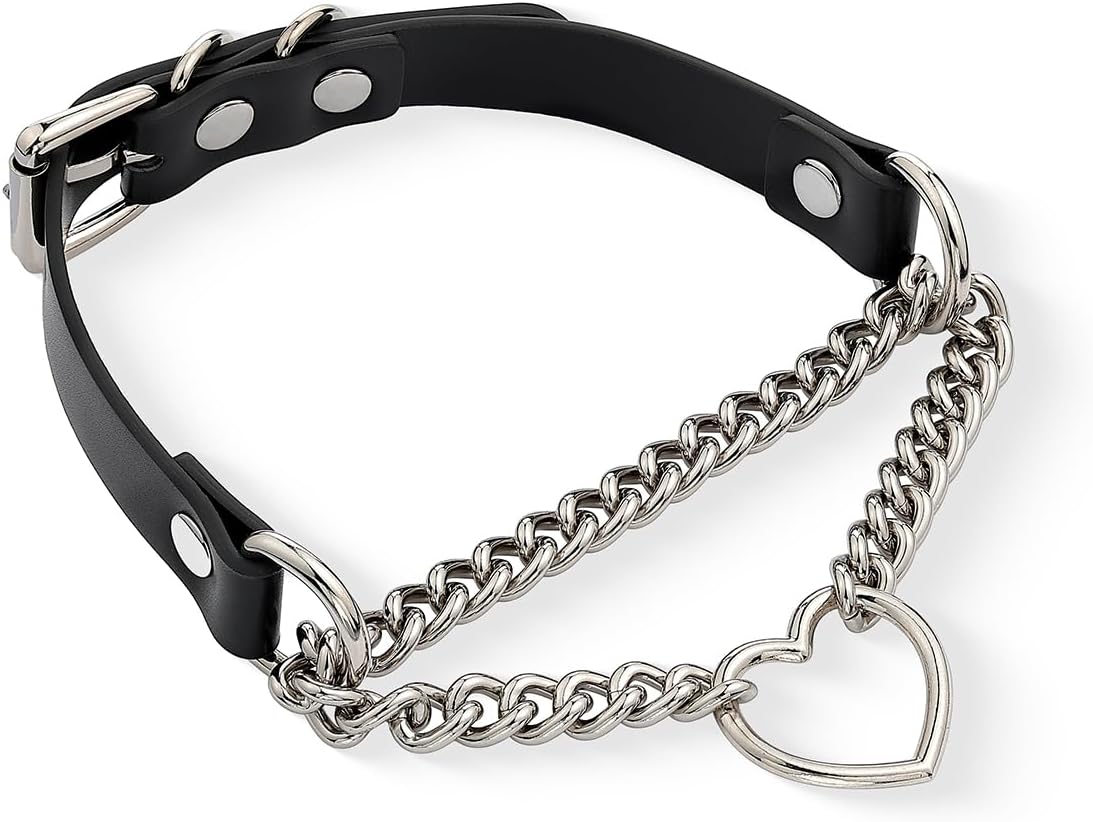 Leather Choker Necklace for Women with Metallic Heart Ring