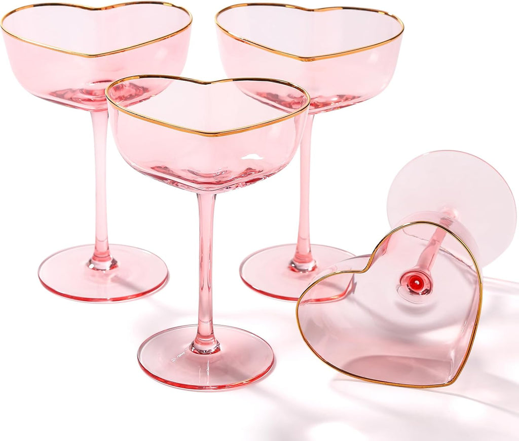 Pink Coupe Glasses Set of 4, Heart-Shaped Martini Glasses with Golden Rim, Fancy Manhattan, Cosmopolitan, Sidecar Cocktail Glassware for Christmas, Wedding, Birthdays - 8Oz
