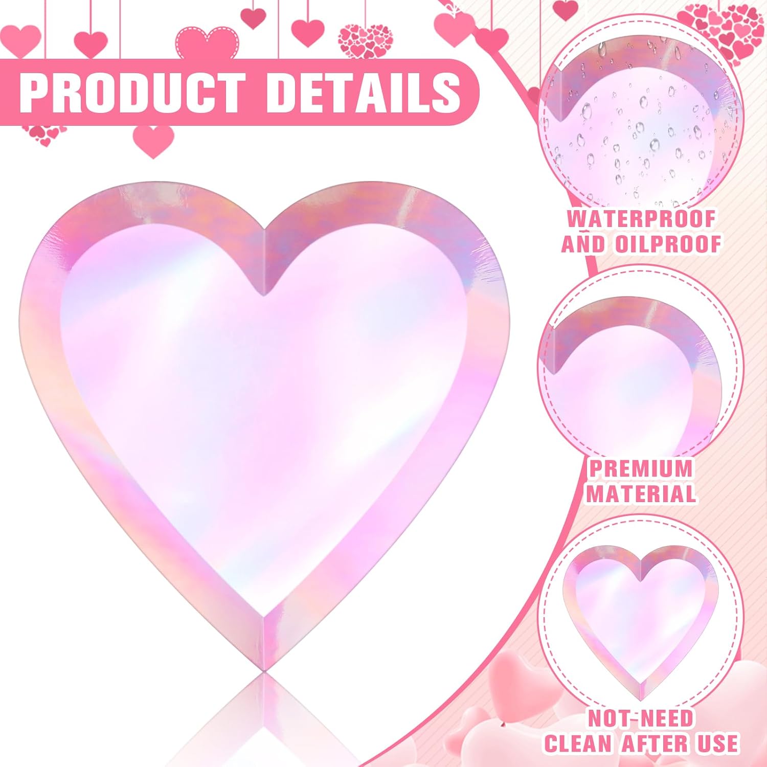 Holographic Pink Heart Shaped Disposable Dessert Plates