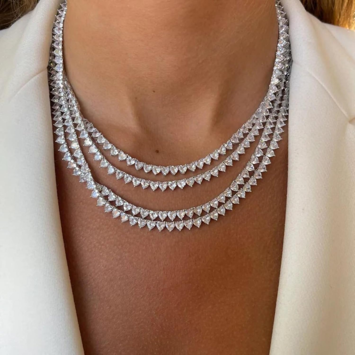 Silver Plated Rhinestone Heart Shaped Tennis Necklace