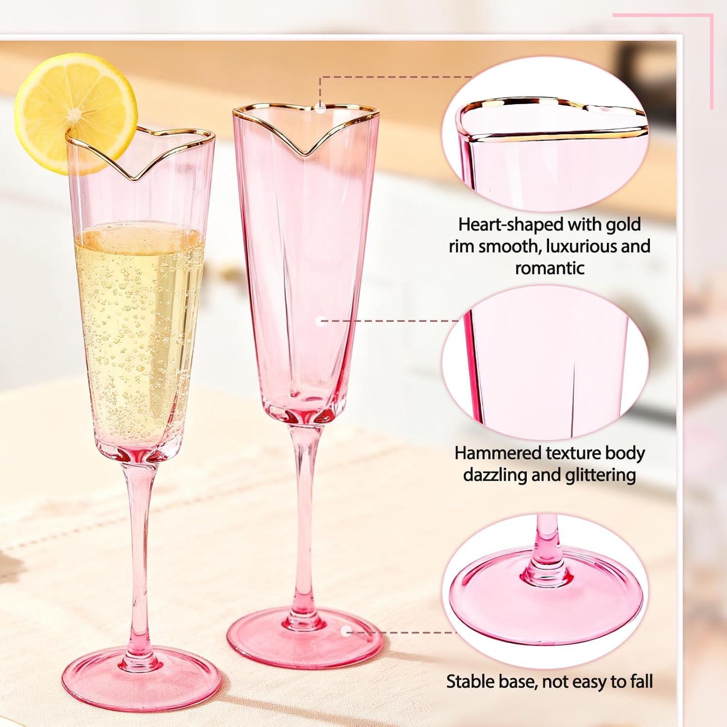 Pink Heart Shaped Champagne Flutes