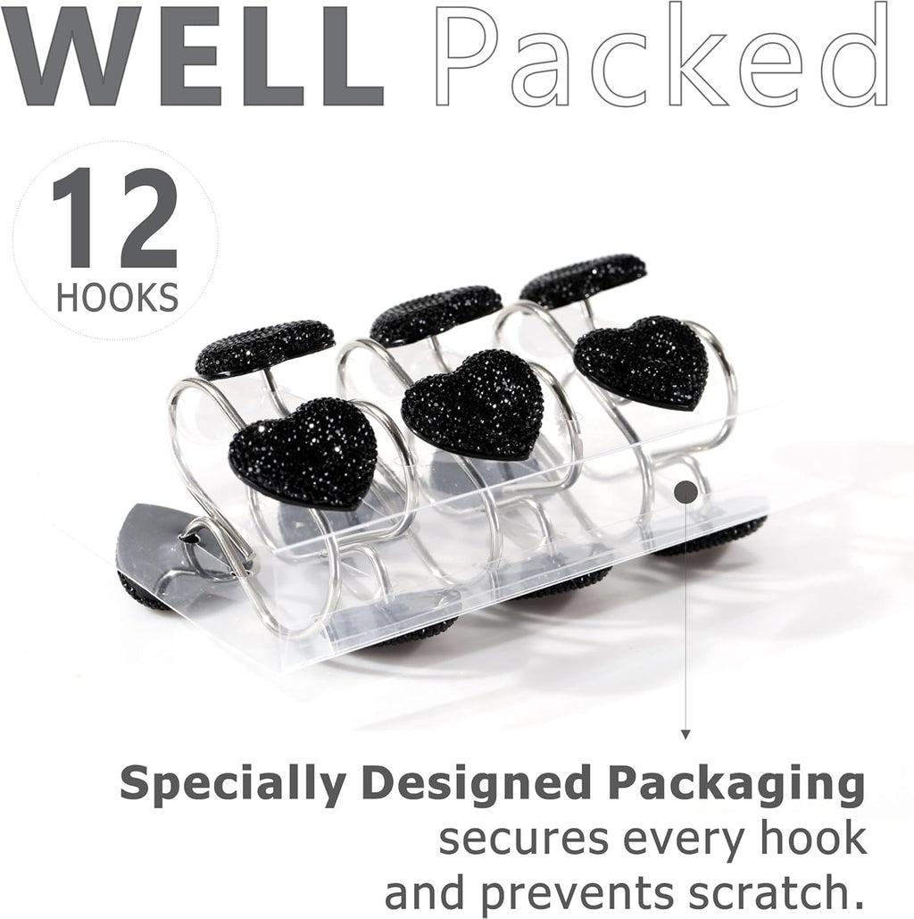Black Rhinestone Heart Shower Curtain Hooks