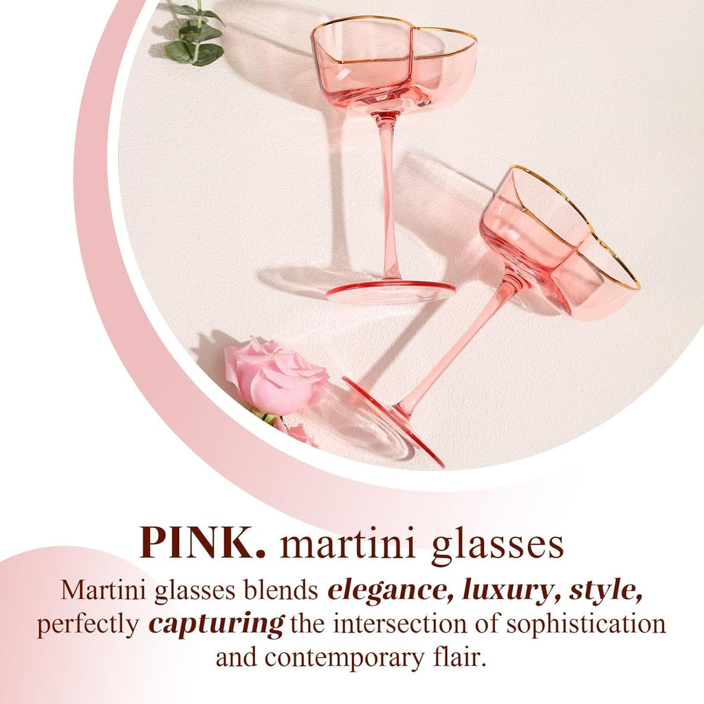 Pink Coupe Glasses Set of 4, Heart-Shaped Martini Glasses with Golden Rim, Fancy Manhattan, Cosmopolitan, Sidecar Cocktail Glassware for Christmas, Wedding, Birthdays - 8Oz