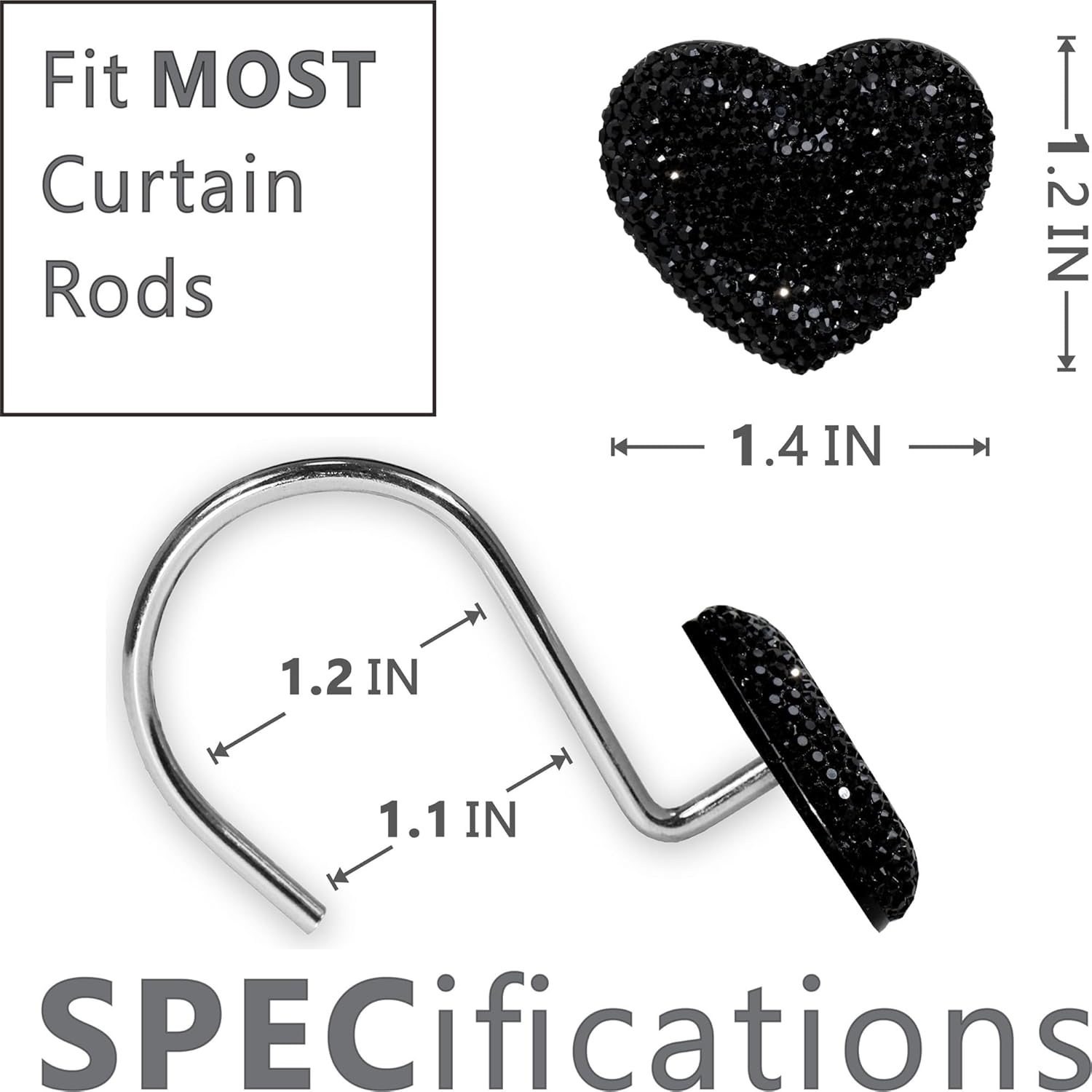 Black Rhinestone Heart Shower Curtain Hooks