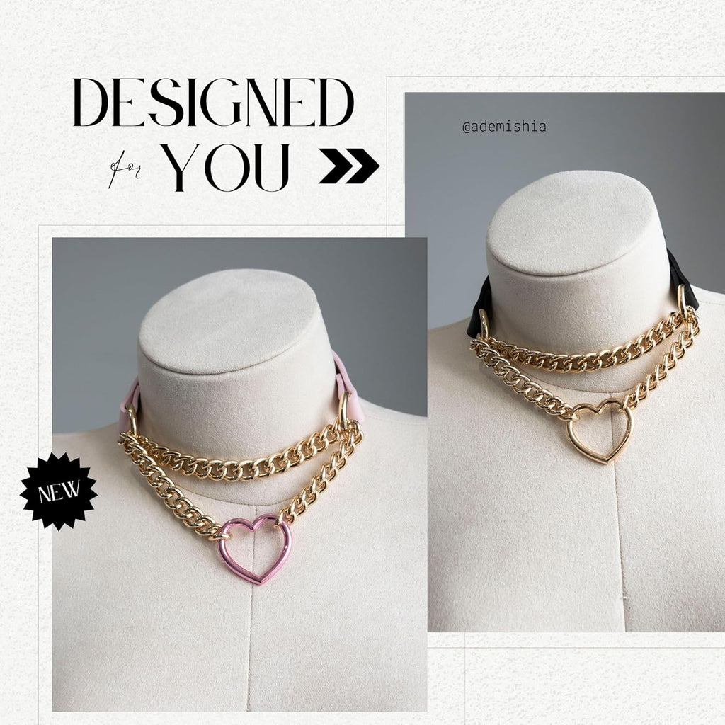 Leather Choker Necklace for Women with Metallic Heart Ring