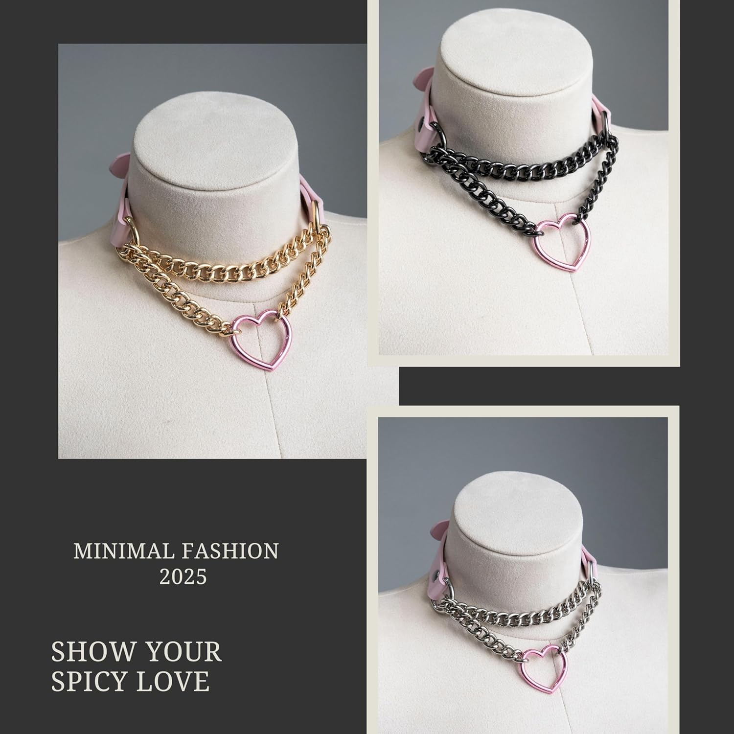 Leather Choker Necklace for Women with Metallic Heart Ring