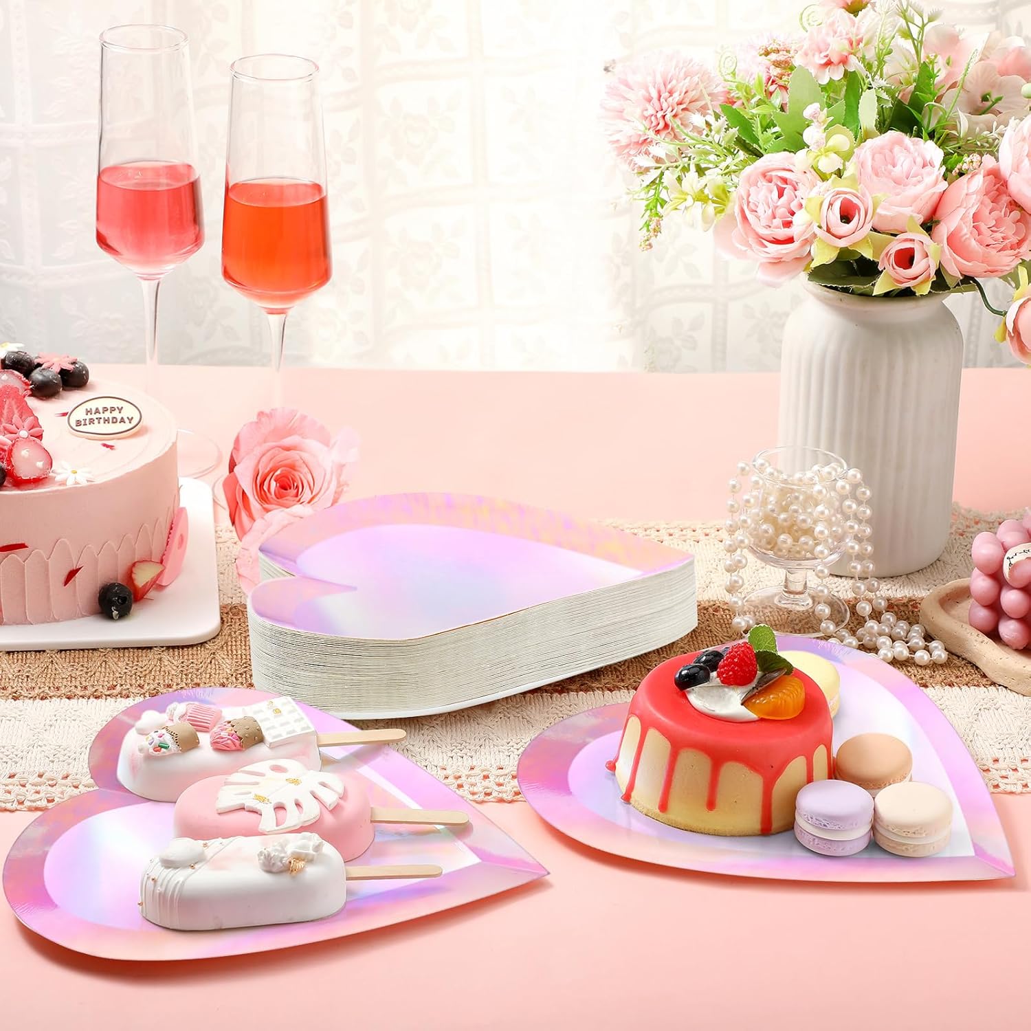 Holographic Pink Heart Shaped Disposable Dessert Plates