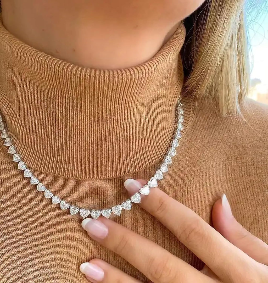 Silver Plated Rhinestone Heart Shaped Tennis Necklace